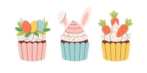 Cute Easter cupcakes festive toppings. Easter sweets. Vector illustration in flat style