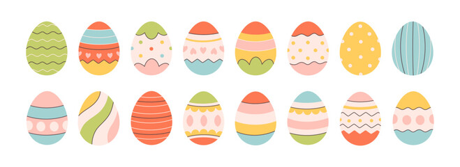 Set of cute colorful Easter eggs. Easter symbol, decorative elements collection. Design for cards, posters, scrapbooking, stickers. Vector illustration in flat style