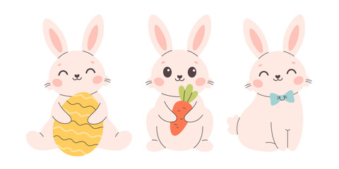 Cute white bunnies with Easter egg, carrot, bow. Happy Easter. Design for greeting cards, posters, scrapbooking, stickers. Vector illustration in flat style