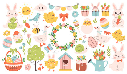 Cute Easter set. Spring collection of animals, flowers and seasonal decorations. Design for greeting cards, posters, scrapbooking, stickers. Vector illustration in flat style © Amahce