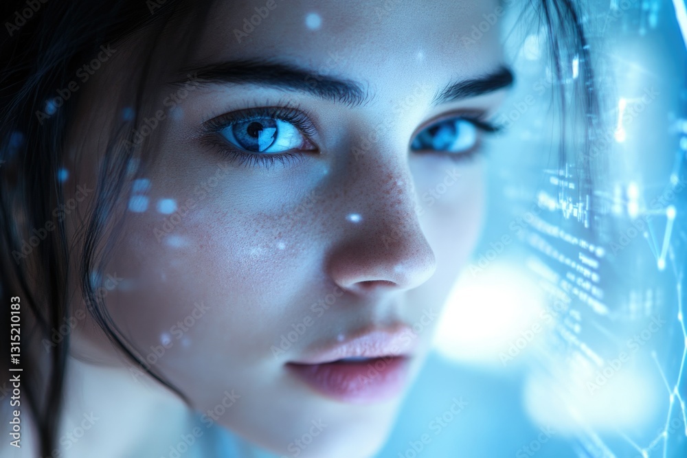 Poster a woman's face is illuminated by a futuristic, data-driven interface, suggesting technological integ
