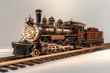 Naklejka premium A meticulously detailed vintage steam locomotive, elegantly designed with gold accents, stands majestically on the railway tracks.