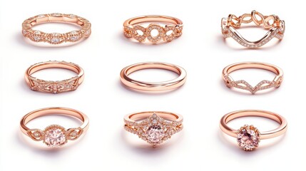A collection of rose gold rings with delicate designs on a white isolated background