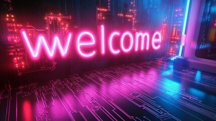 Bright neon welcome sign lit against a circuit board design in a modern digital environment