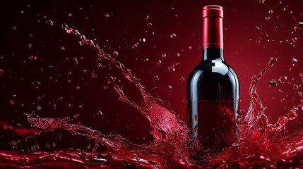 Fototapeta premium Red wine bottle splashes into red liquid with vibrant droplets in dynamic freeze-frame moment