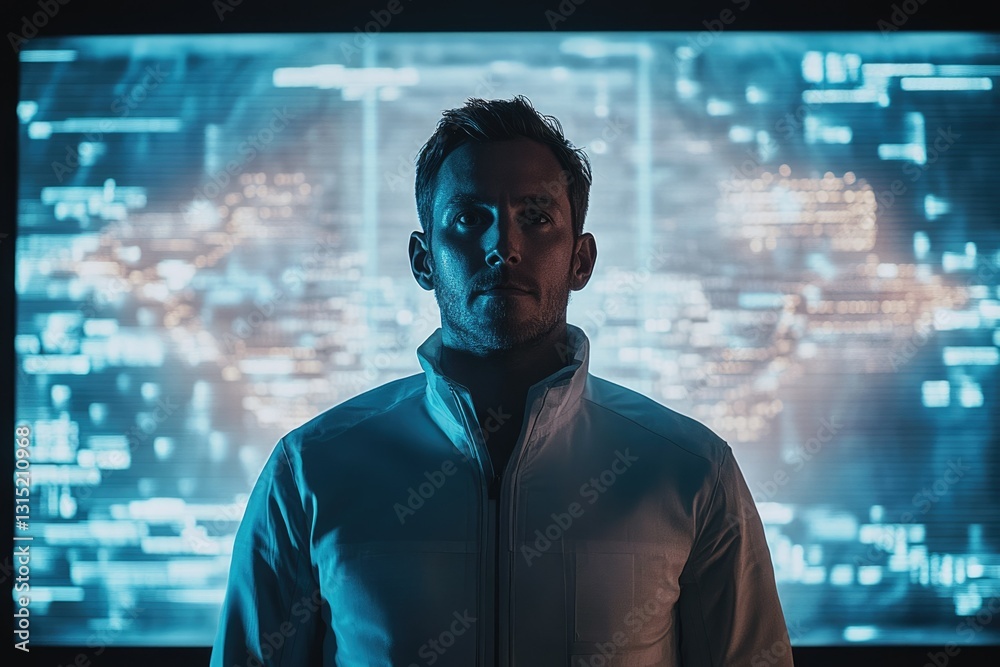 Leinwandbilder a man stands before a large screen displaying flowing lines of code, conveying a sense of technologi