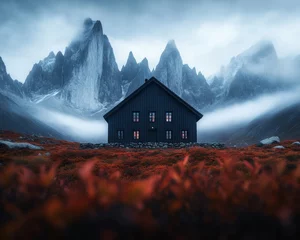 Fototapete Rund Dark cabin in autumnal mountain landscape with mist © Jamppidlaew