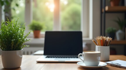 Remote work from home with a stylish interior. Laptop on the table against the background of a window with a forest and sunlight behind it. Favorable atmosphere for work.