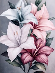 Obraz premium Delicate Pastel Lilies, Soft Colors, Floral Arrangement, Gray Background