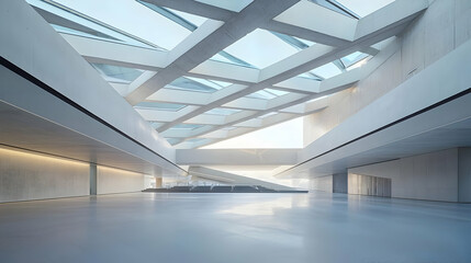 Modern Architectural Interior With White Geometric Structure And Concrete Floor In Empty Hall