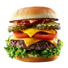 A Mouth Watering Double Cheeseburger with Lettuce and Tomato Isolated on Transparent Background