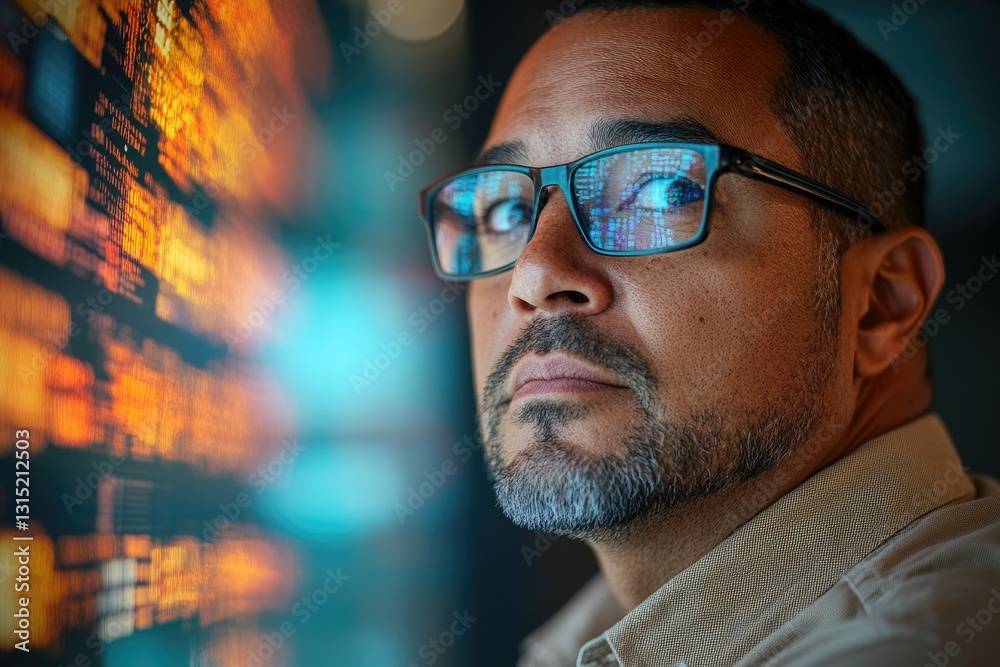 Poster a man intently observes a screen filled with streaming data, reflecting in his glasses.