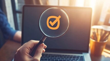Person is holding a magnifying glass over a laptop screen. The laptop screen shows a check mark