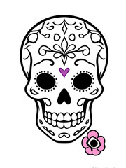 Fototapeta premium Simple sugar skull illustration in a clean line art style, set against a white background, perfect for clip art use in festive and cultural designs.