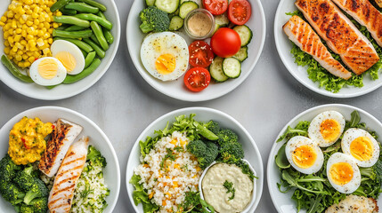 Collection of six plates of healthy meals