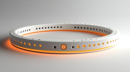 Futuristic white circular device with orange LED lights.