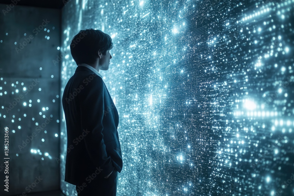 Poster a businessman contemplates a vast, shimmering digital data wall, symbolizing the immensity of inform