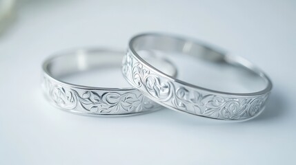 A set of minimalist silver bracelets with engraved patterns on a white isolated background