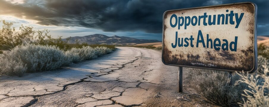 A weathered roadside sign indicates future opportunity on a long desert road