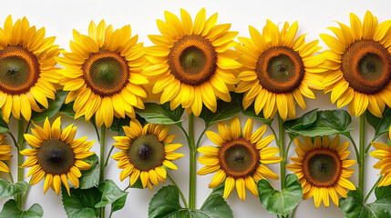 Obraz premium Row of vibrant sunflowers arranged in a horizontal pattern against a white background, showcasing the full blooms and green leaves.