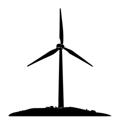 An illustration featuring a black wind turbine silhouette set against a clean white background depicting a turbine with detailed blades and tower.