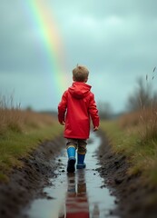A bright blue sky with fluffy clouds and a colorful rainbow. A child happily climbing a hill is depicted