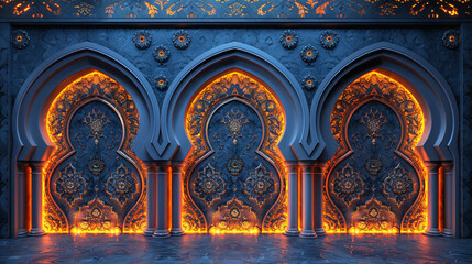 Ornate Islamic Arches illuminated by warm glow.