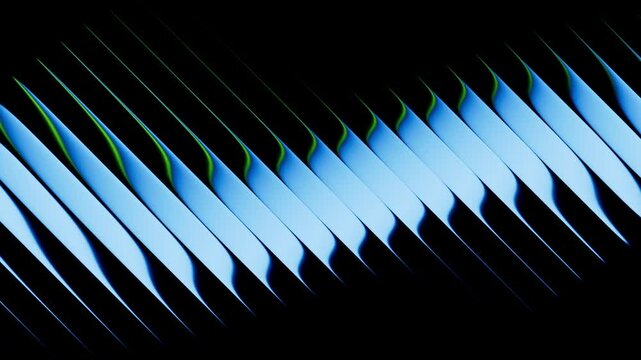 Looping 3D animation of an abstract pattern with a wavy blue-green gradient that reflects and slides inside glossy divided diagonal lines, creating a dynamic visual effect. 2K cycled video