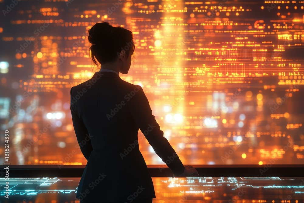Leinwandbilder a woman in business attire contemplates a futuristic cityscape displayed on a large screen, filled w