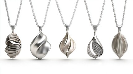 A set of modern silver pendants with abstract designs on a white isolated background