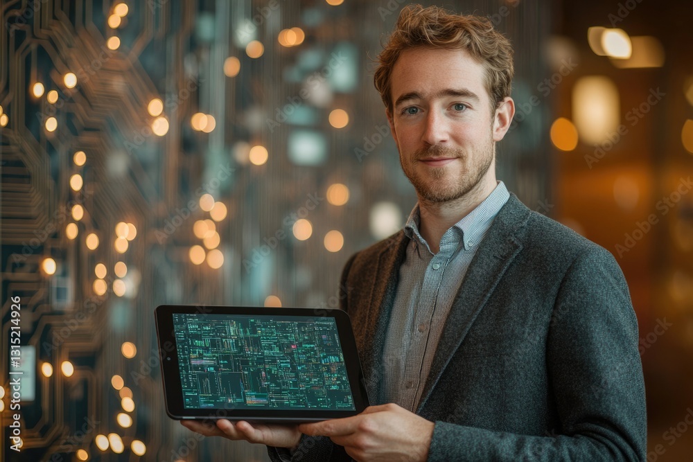 Poster a young man, professionally dressed, proudly displays a tablet showcasing complex digital data again