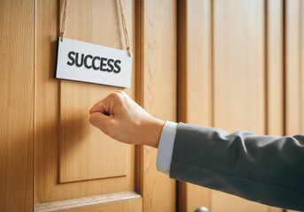 Hand knocking on door with success sign indicating career opportunity and ambition