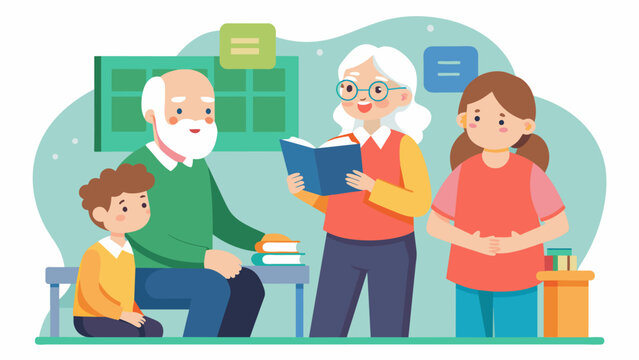 An elderly couple both former language teachers offering private tutoring services to students in their community.. Vector illustration