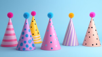 Colorful party hats on blue background.
