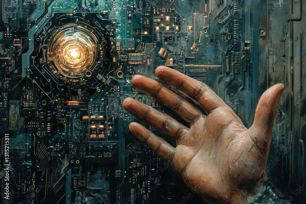 Poster A hand reaches towards a glowing, intricate circuit board, symbolizing technological connection and human interaction with advanced systems.