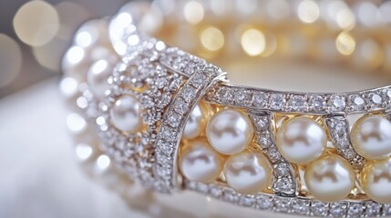 A close-up of a pearl-studded bracelet with diamond accents on a white isolated background