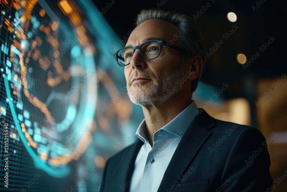 Poster a pensive businessman contemplates a futuristic data visualization, showcasing global interconnected