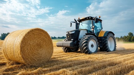 Obraz premium A harvester speeds through a meadow, kicking up dust and producing wheat bales under a blue sky and fluffy clouds.