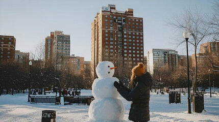 Woman building snowman in snowy city park, winter day, high-rise buildings background; perfect for winter holiday greeting cards
