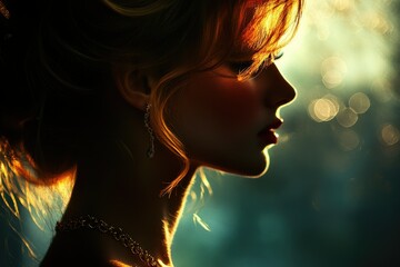 Silhouette of a woman with golden hair, wearing jewelry, bathed in warm light.