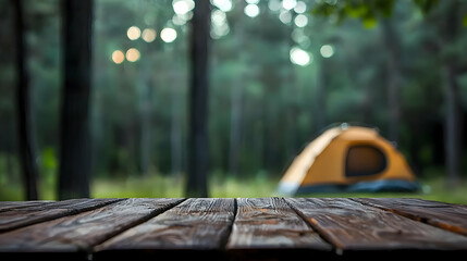 Empty Wooden Table With Blurred Camping Tent And Forest Background In Green And Yellow Colors With Bokeh Effect For Product Placement Or Display