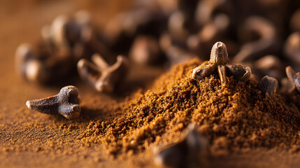 Ground cloves in a thin layer across a light surface, their fine brown powder adding to the aromatic richness and earthiness of the composition.