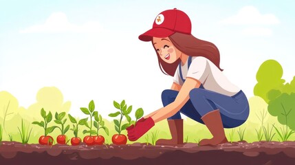 Happy woman gardening, planting seedlings in fertile soil.