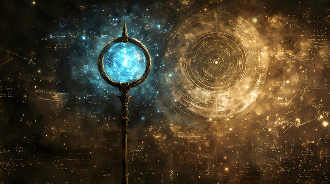 Mystical staff with cosmic orb an artistic representation of ancient knowledge and arcane symbols on aged manuscript. Arcane - Portal. Illustration