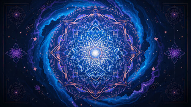Vibrant mandala-inspired galaxy swirls in deep blues and purples, surrounded by subtle lotus flowers and sacred geometry patterns, evoking spiritual awakening and cosmic unity.