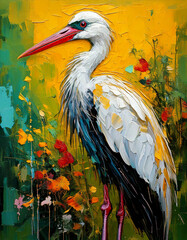 illustration of a stork on watercolor background, Cute stork on green yellow background, watercolor bird cute animal paint design, animals painting wall art vector