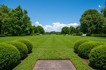 Formal garden lawn path on a sunny day, manicured hedges, white benches
