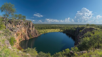 Fototapeta premium Water hole view. Cliff surrounds dark water. Trees grow beside pond. Blue sky above landscape. Bright day shows scenic wilderness.