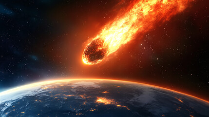 Fototapeta premium Asteroide en llamas acercándose a la Tierra en el espacio