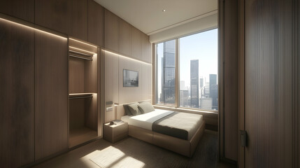 Modern bedroom with city view, sunlight streaming in, minimalist design, ideal for real estate marketing